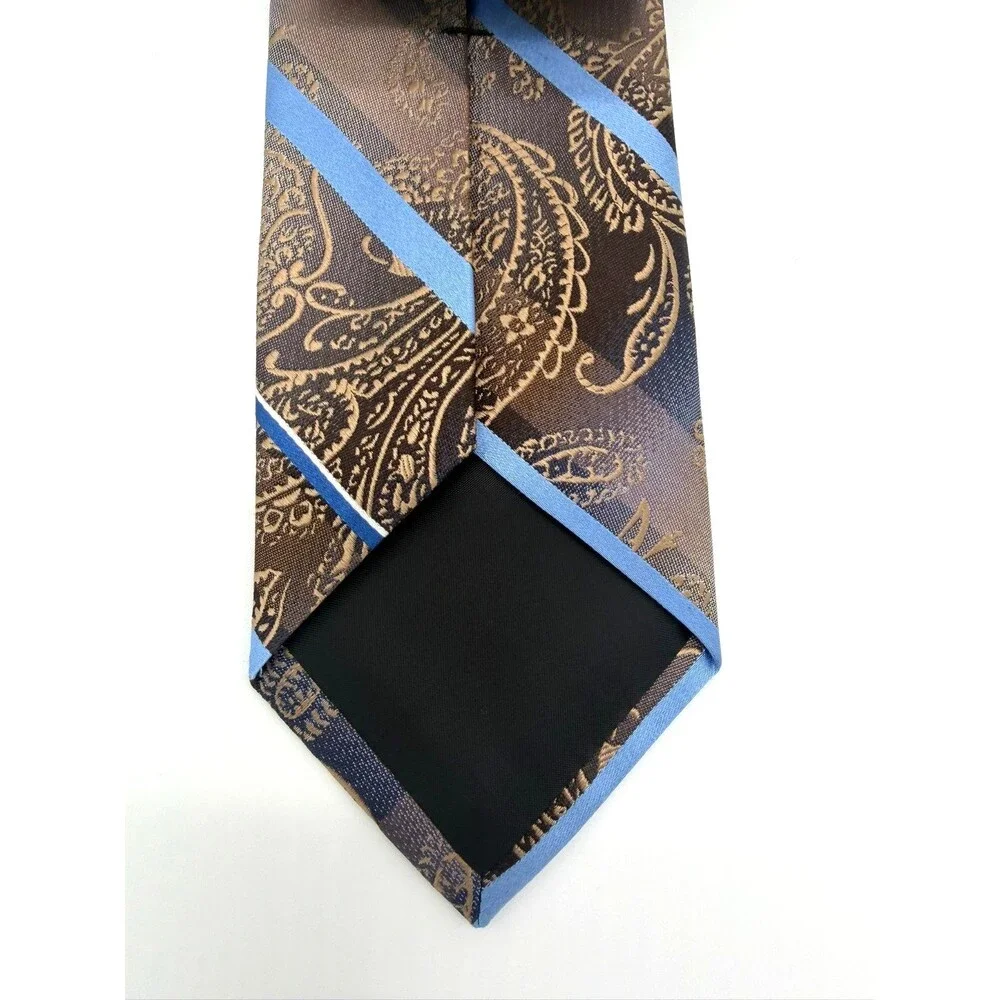 Van Heusen Mens Silk Tie Gold Blue Paisley Striped Classic Necktie